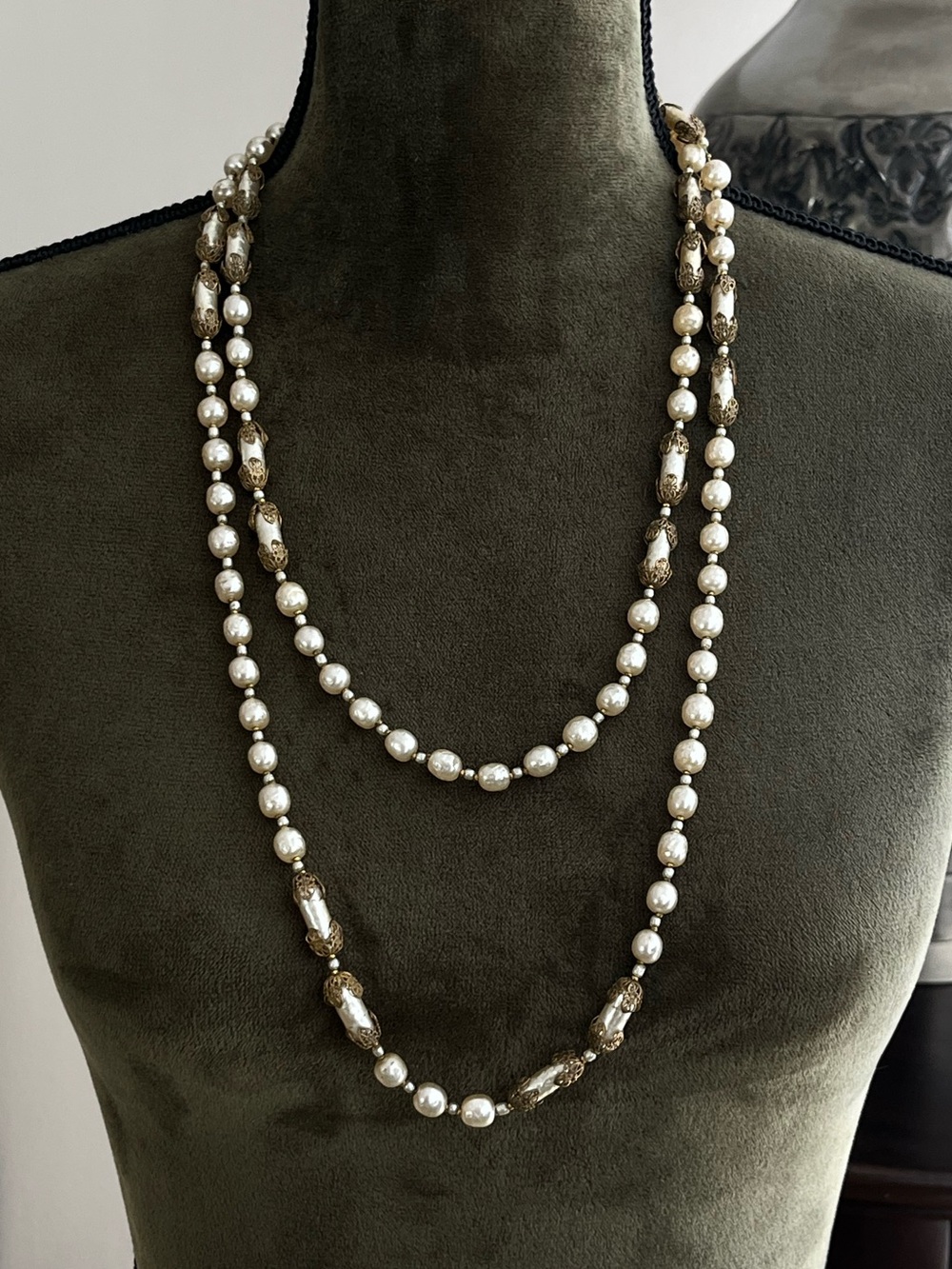 Vintage Miriam Haskell Glass Baroque Pearl Double-Layered Long Beaded Necklace